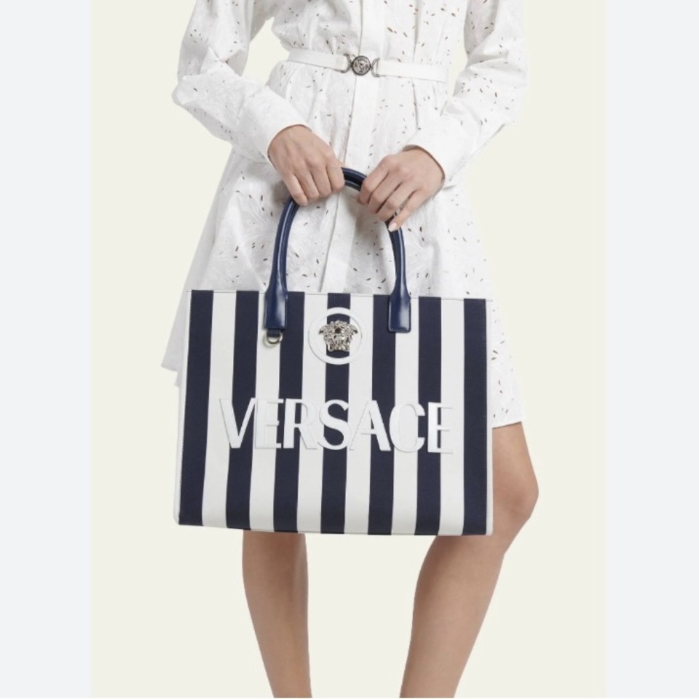 Versace La Medusa Striped Canvas Tote Bag Navy White Pallad New with Tags!